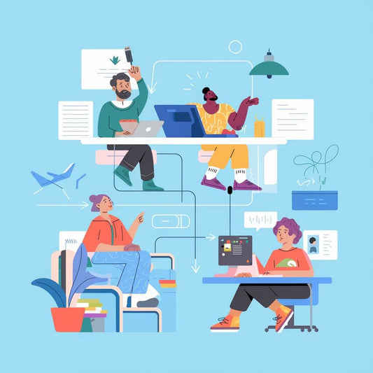 Illustration of a diverse group of people working together in a modern office environment with laptops and plants.