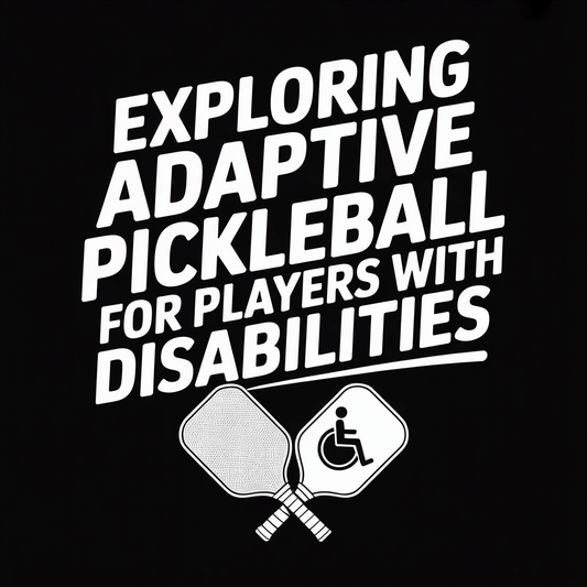 Text graphic promoting adaptive pickleball for players with disabilities, featuring paddles and accessibility symbols.