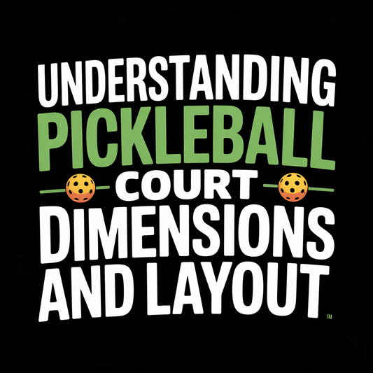 Text graphic on pickleball court dimensions and layout with colorful design elements.