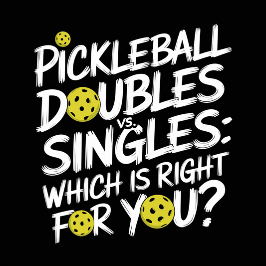 Text graphic comparing pickleball doubles and singles play, asking which is right for you.