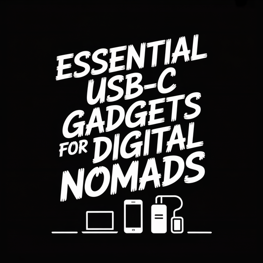 Text graphic for "Essential USB-C Gadgets for Digital Nomads" with device illustrations.