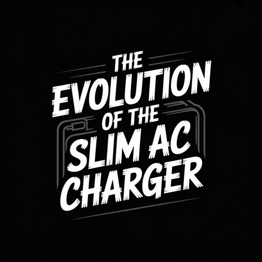 Text graphic illustrating 'The Evolution of the Slim AC Charger' on a black background.