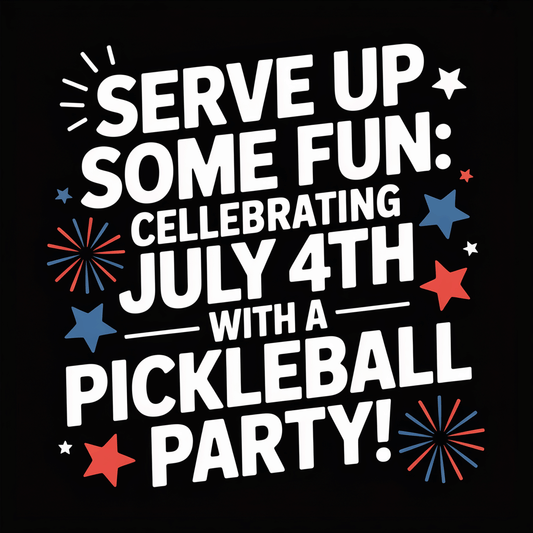 Text graphic celebrating July 4th with a pickleball party, featuring fun colors and festive elements.