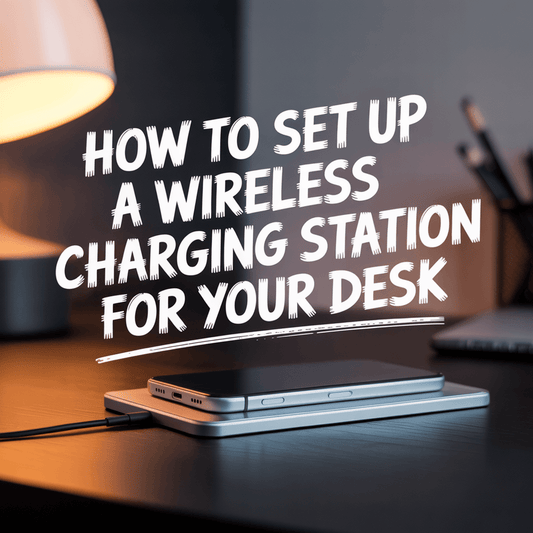 Sleek wireless charging station on a desk with lamp and organized workspace, enhancing desk efficiency.