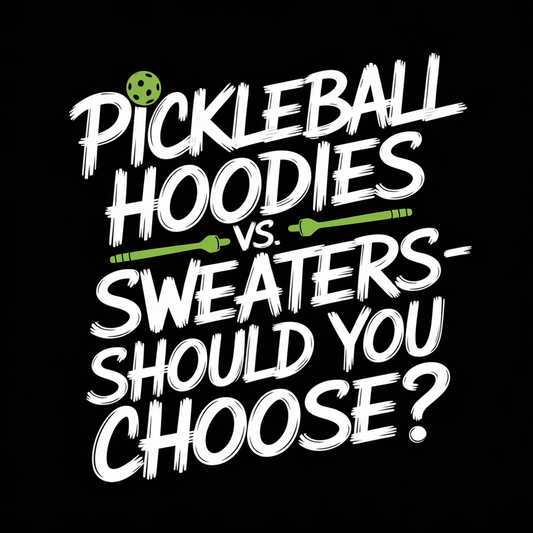 Graphic comparing pickleball hoodies and sweaters, discussing which option to choose for comfort and style.