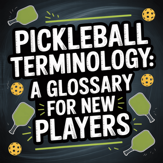 Graphic showcasing pickleball terminology glossary for new players with paddles and balls.