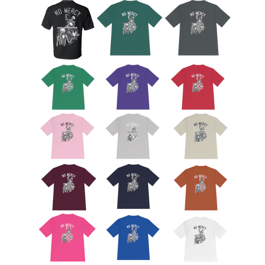 Variety of No Mercy Pickleball Performance T-Shirts in multiple colors, showcasing the new expanded color palette.