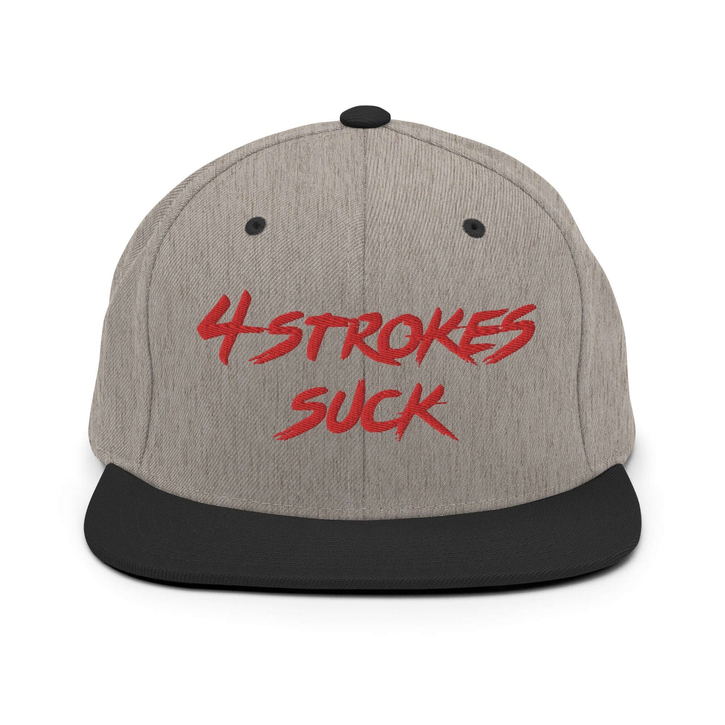 Embroidered snapback hat with "4 Strokes Suck" text in bold red, highlighting motocross lifestyle and rebellious spirit.