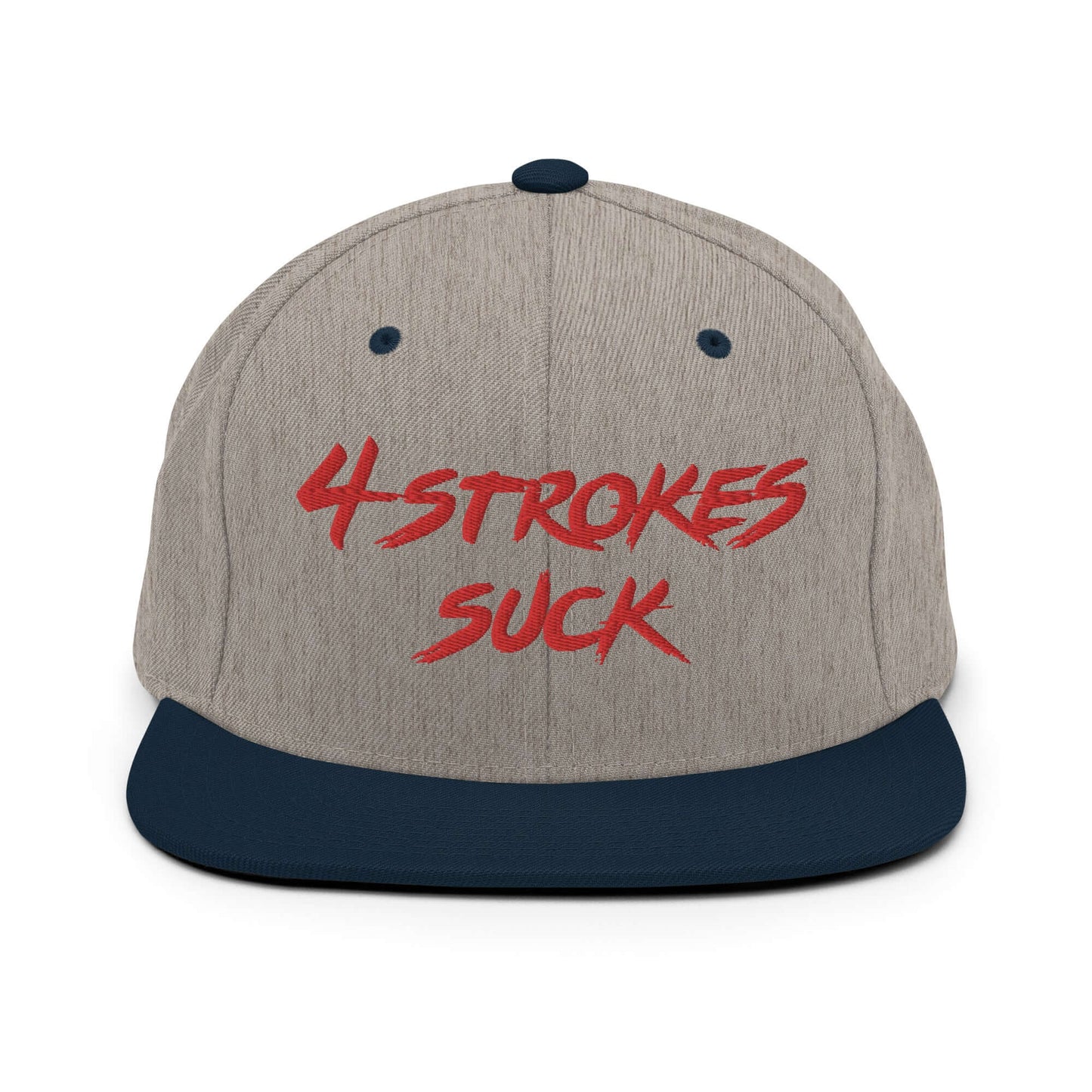 front of Ronnie Mac 4-Strokes Suck Embroidered Snapback Hat (Heather Grey/Navy) -1