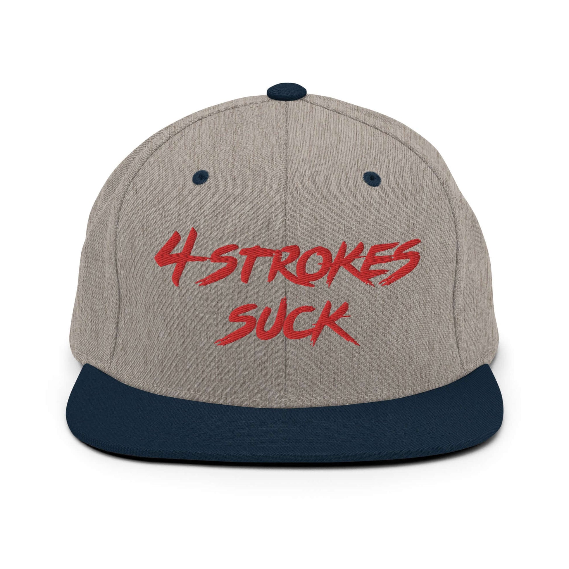 front of Ronnie Mac 4-Strokes Suck Embroidered Snapback Hat (Heather Grey/Navy) -1