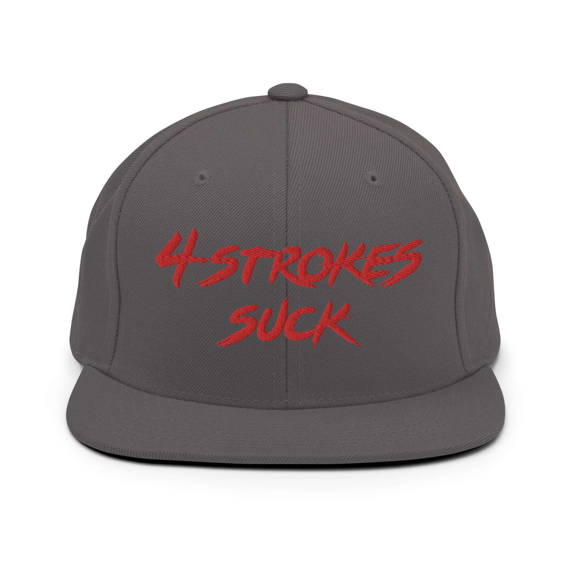 front of Ronnie Mac 4-Strokes Suck Embroidered Snapback Hat (Dark Grey) -1