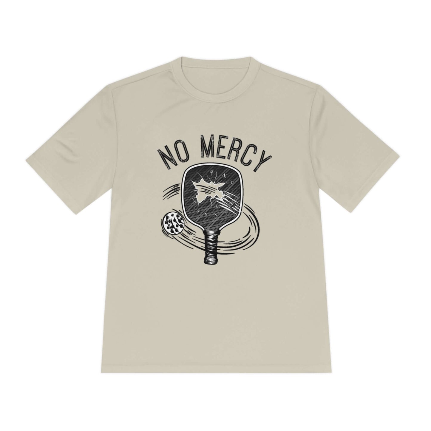 "No Mercy Pickleball Series Performance Dry-Fit T-Shirt with paddle graphic, ideal for champion players"