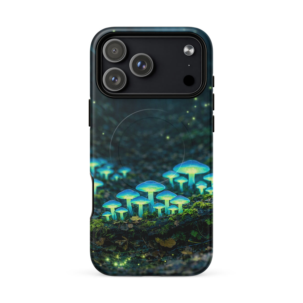 Magnetic Phone Case featuring bioluminescent forest mushrooms glowing in blue-green on the forest floor, designed for iPhone.