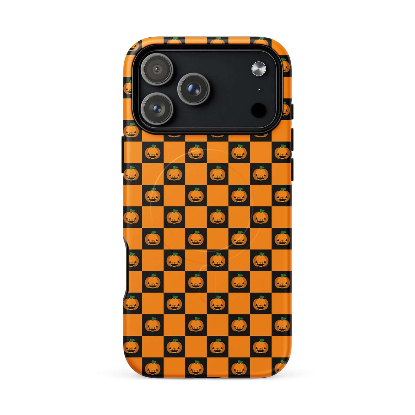 Magnetic Phone Case with pumpkin checkered Halloween design for iPhone, featuring orange and black squares with jack-o'-lanterns.
