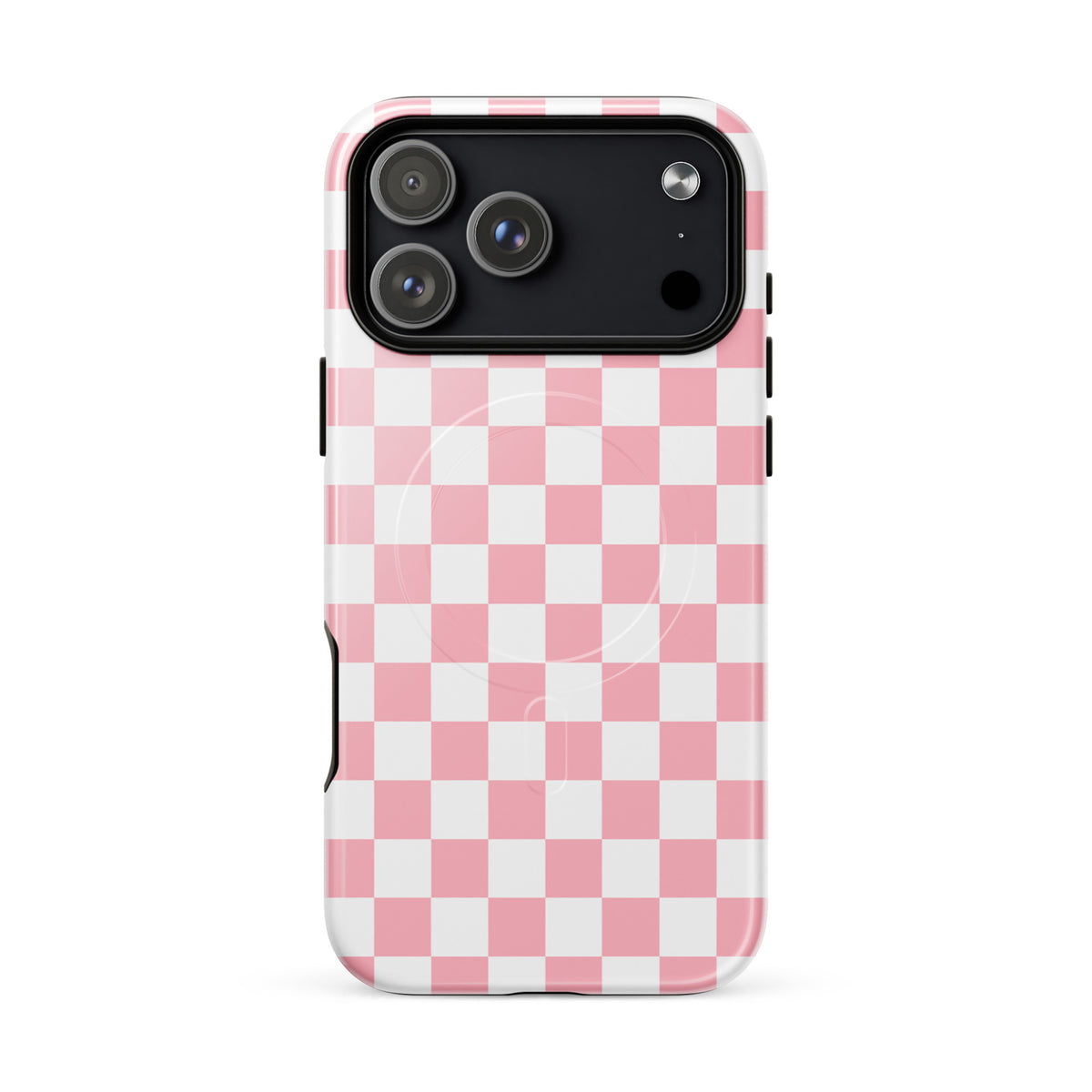 Magnetic Phone Case with playful pink and white checkered design for iPhone, adding style and personality to your device.