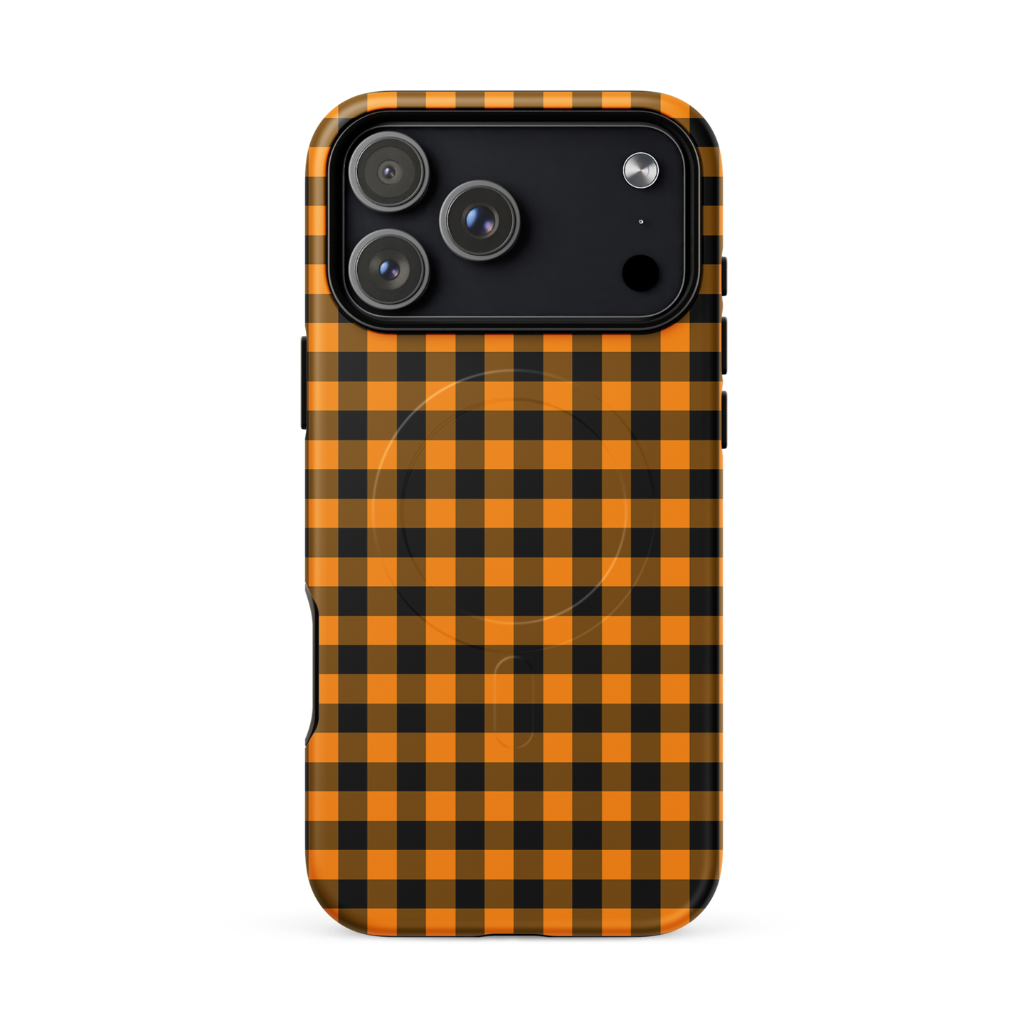 Magnetic Phone Case for iPhone with black-and-orange gingham pattern, Autumn theme.