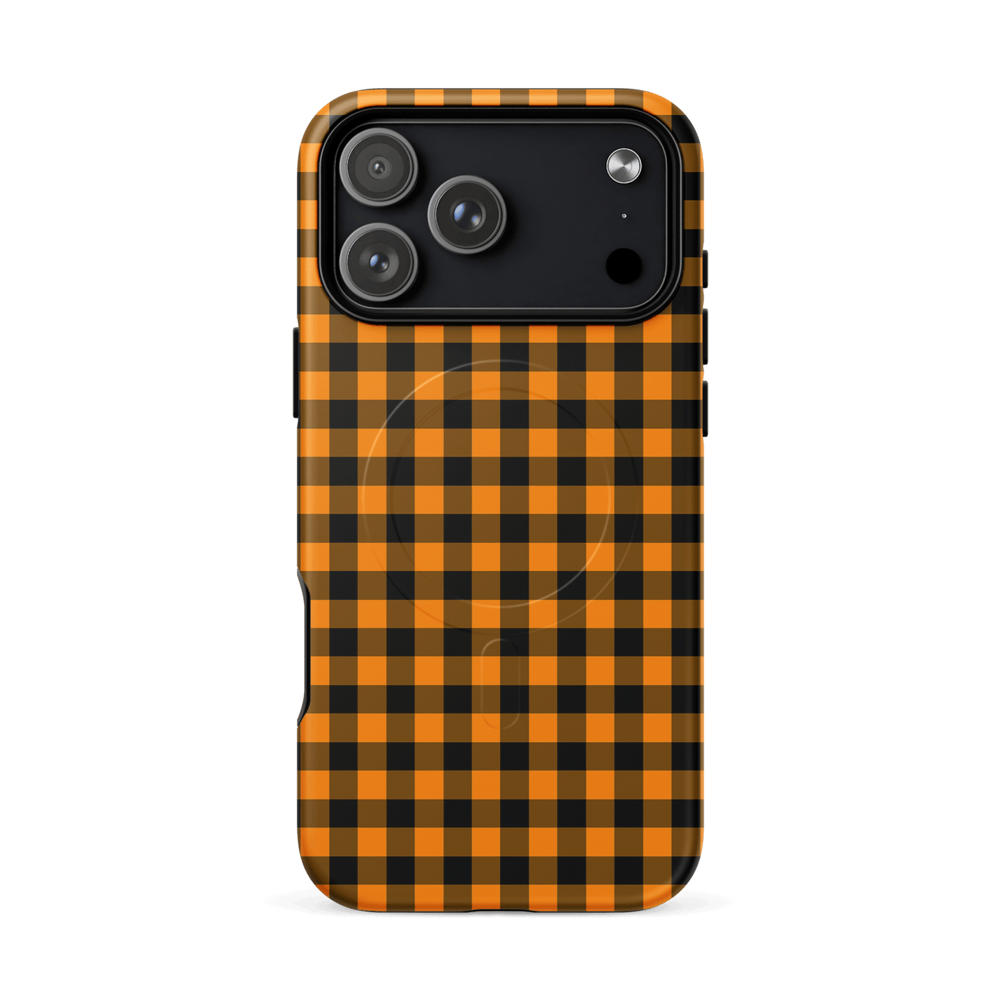 Magnetic Phone Case for iPhone with black-and-orange gingham pattern, Autumn theme.