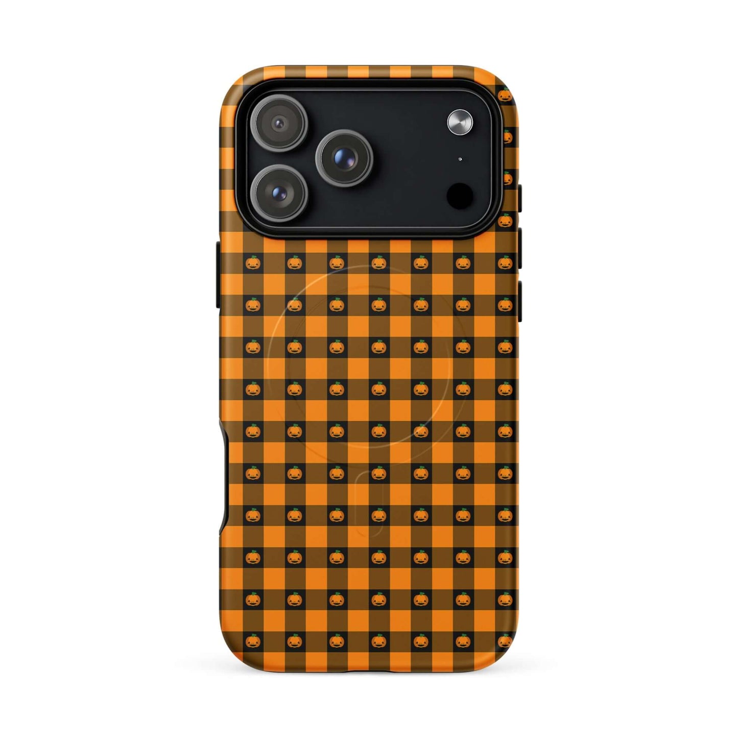 Magnetic Phone Case with Halloween pumpkin design and gingham pattern for iPhone