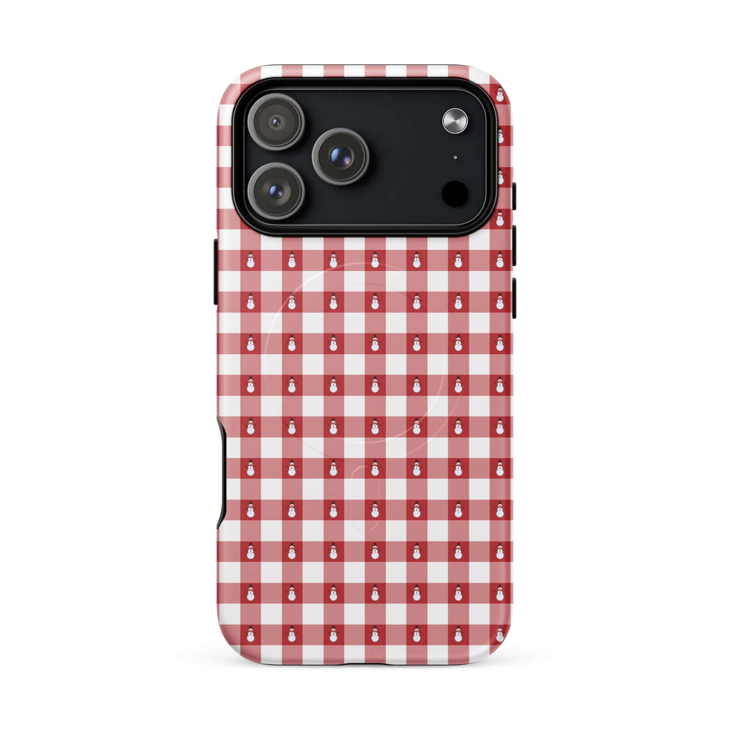 Magnetic Phone Case for iPhone with snowman gingham winter design in red and white, featuring festive holiday style and protection.