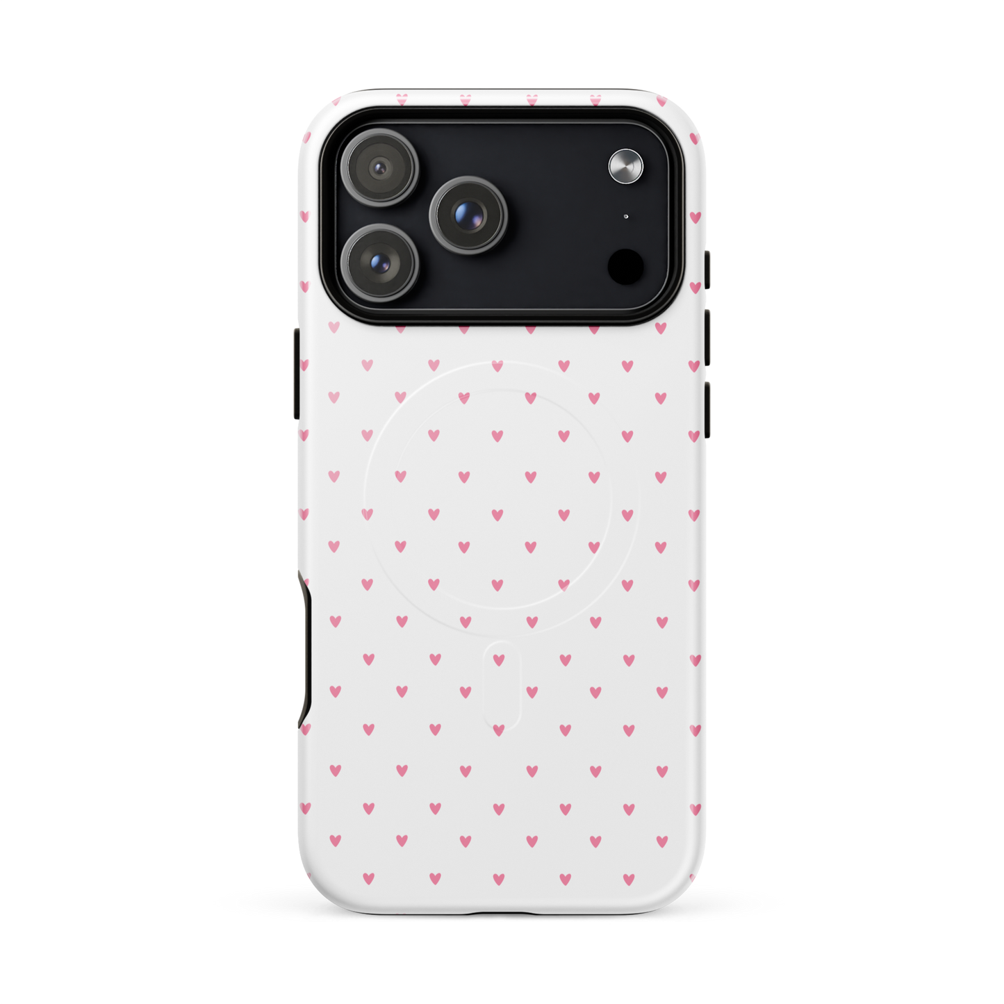 Magnetic Phone Case for iPhone with heart-dot pattern, featuring cute pink hearts on a stylish white background.