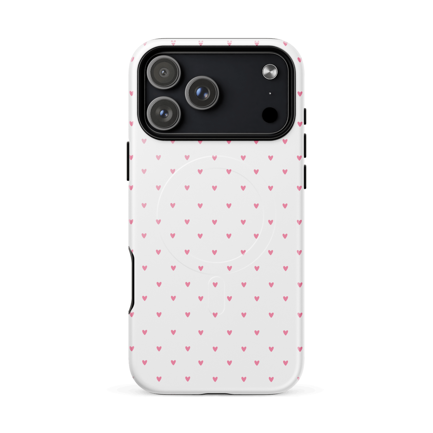 Magnetic Phone Case for iPhone with heart-dot pattern, featuring cute pink hearts on a stylish white background.