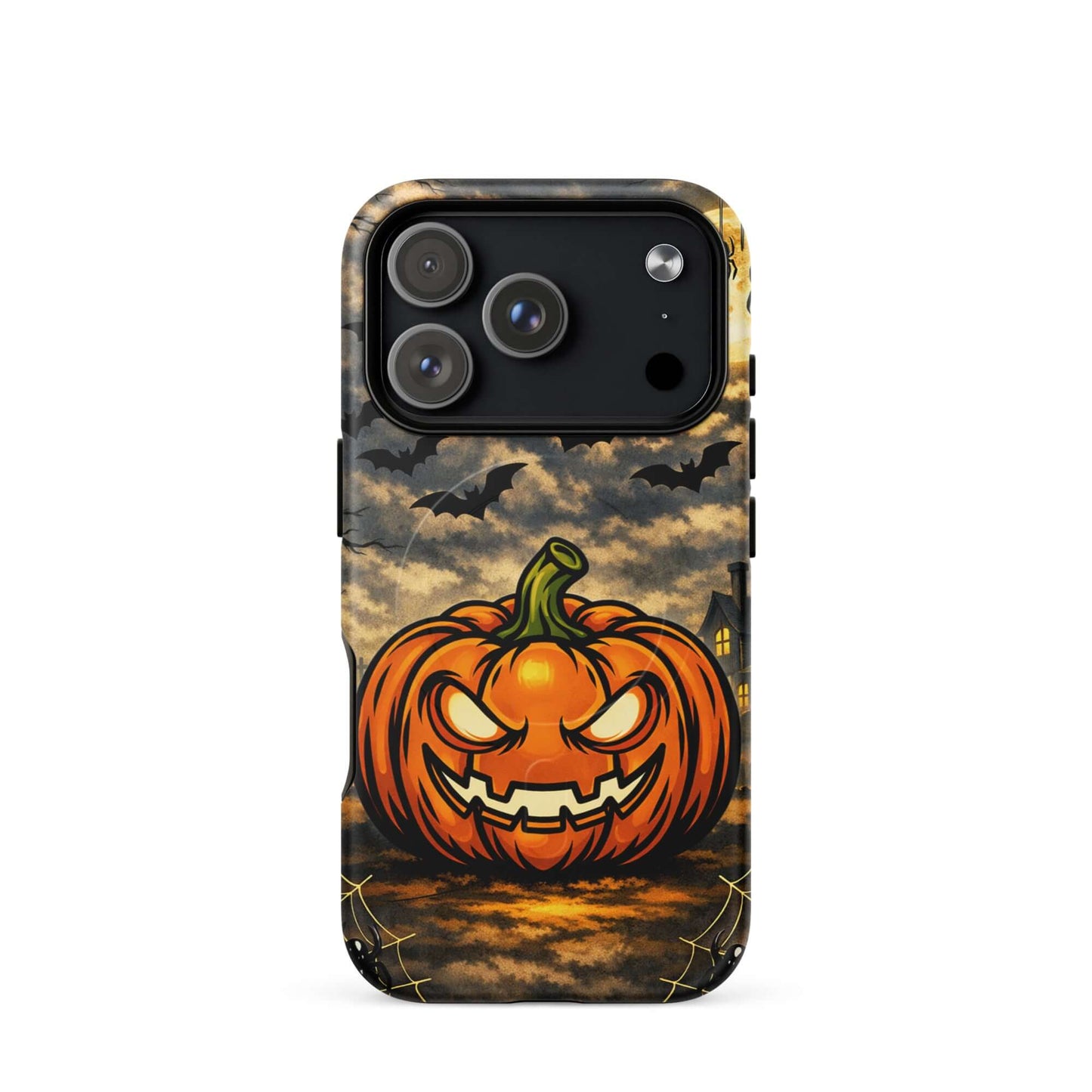 Magnetic Phone Case with haunted pumpkin and moonlit Halloween scene for iPhone.