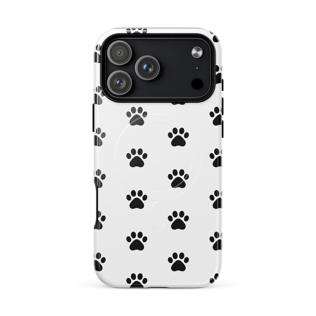 Magnetic Phone Case for iPhone with black paw print design, perfect for cat and dog lovers seeking stylish, pet-themed accessories.