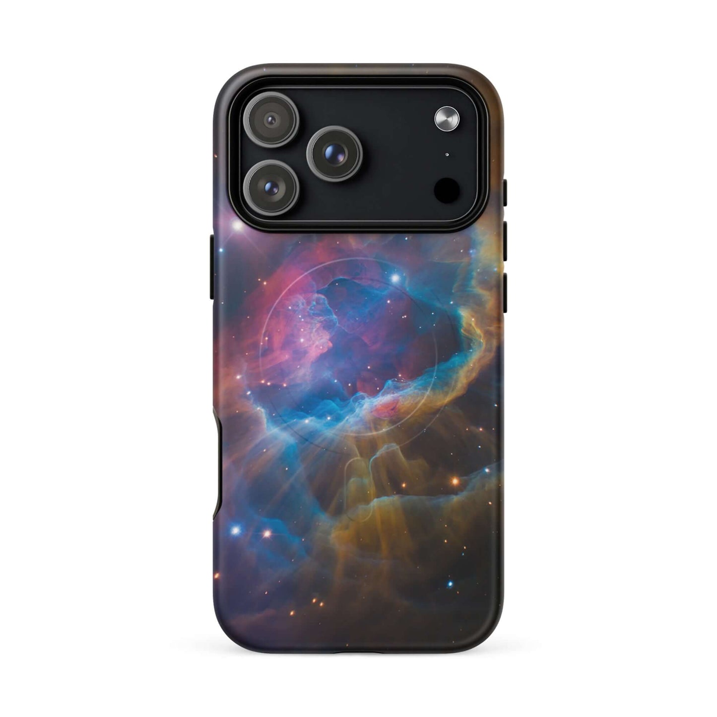 Magnetic Phone Case for iPhone with cosmic nebula design featuring electric blues, fiery oranges, and dreamy pinks.