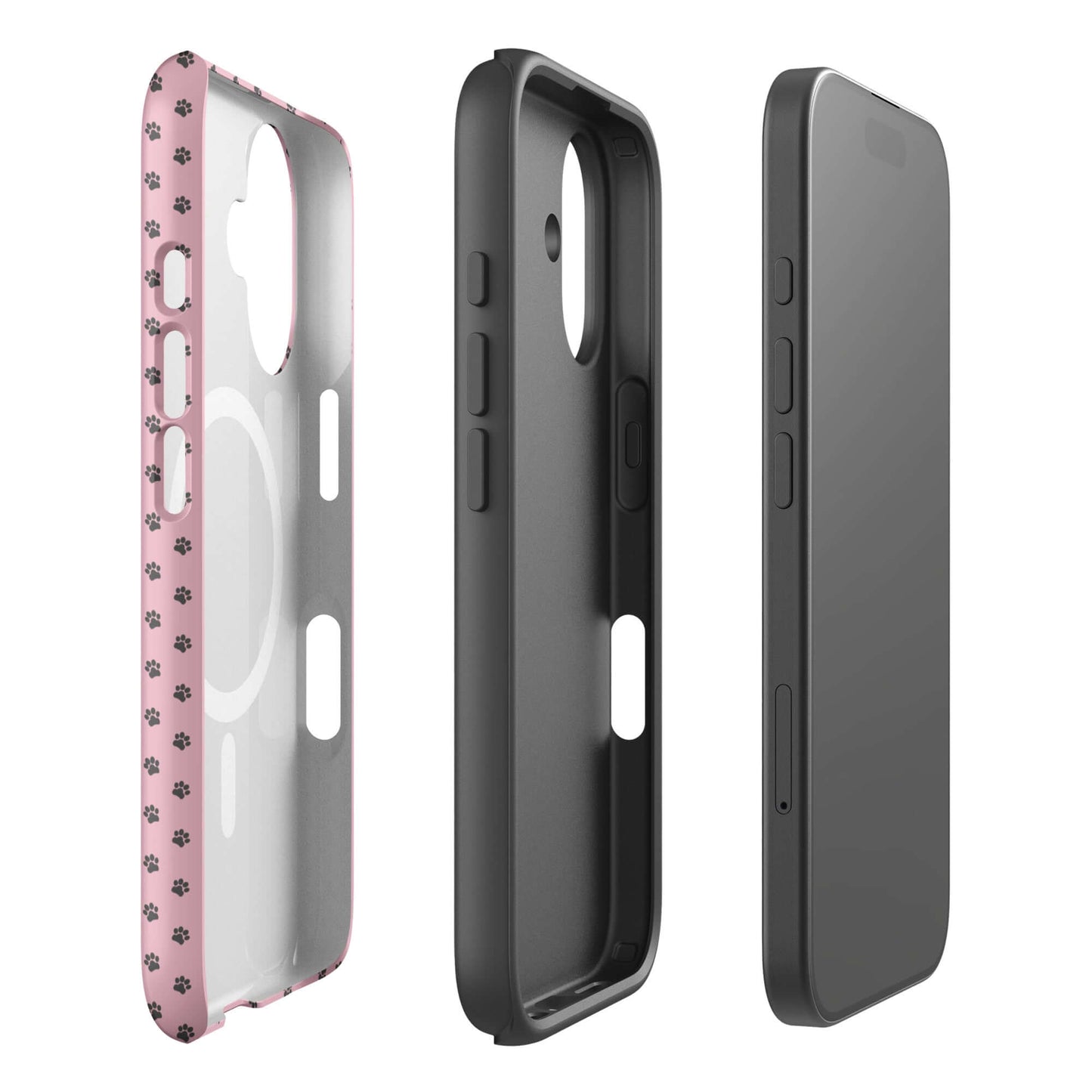 Magnetic Phone Case for iPhone with pink paw print design showing front, back, and side views