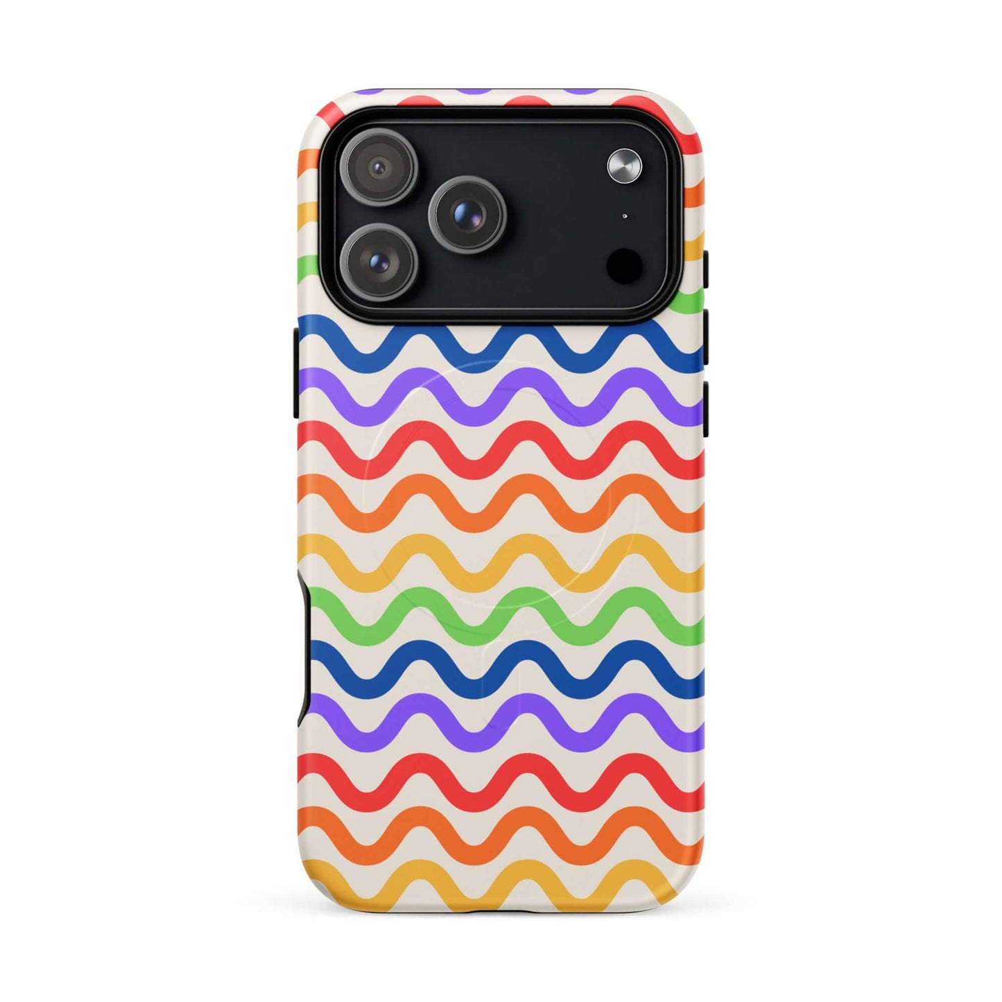 Magnetic Phone Case with wavy rainbow design for iPhone, featuring vibrant wavy lines in purple, red, orange, yellow, green, and blue.