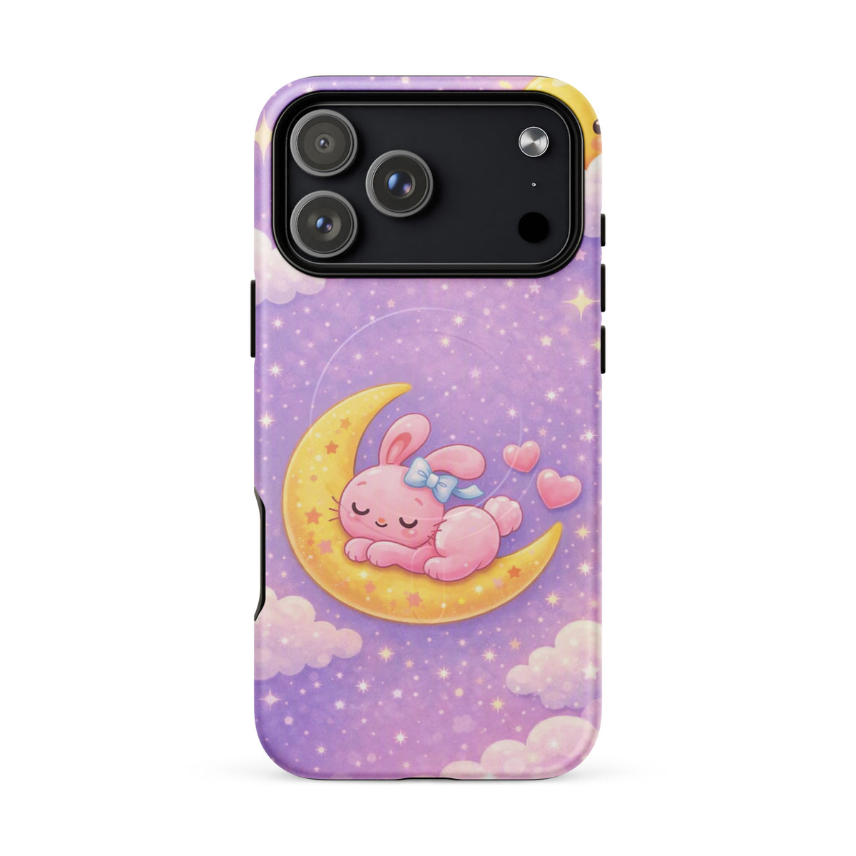 Magnetic Phone Case for iPhone with cute bunny sleeping on a crescent moon in dreamy pastel colors.