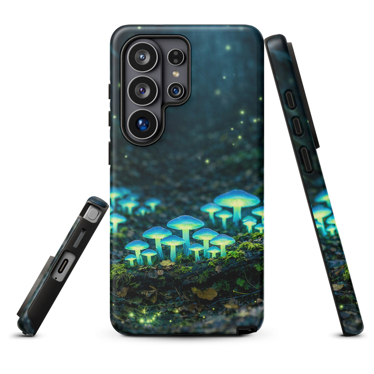 Phone Case for Samsung Galaxy featuring glowing forest mushrooms with ethereal blue-green light, magical woodland design.