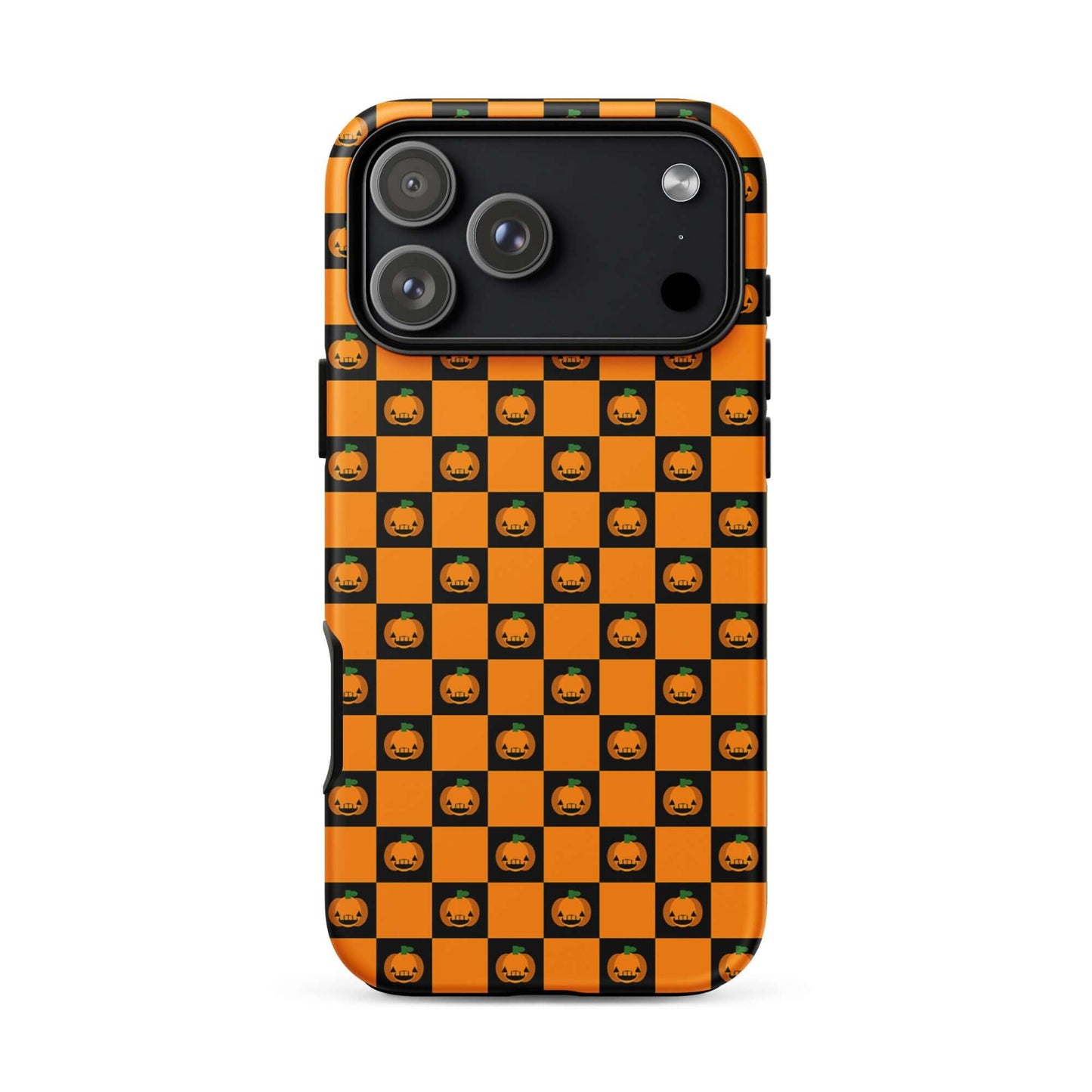 Phone Case for iPhone with playful pumpkin checkered Halloween design, featuring orange and black squares with jack-o’-lanterns.