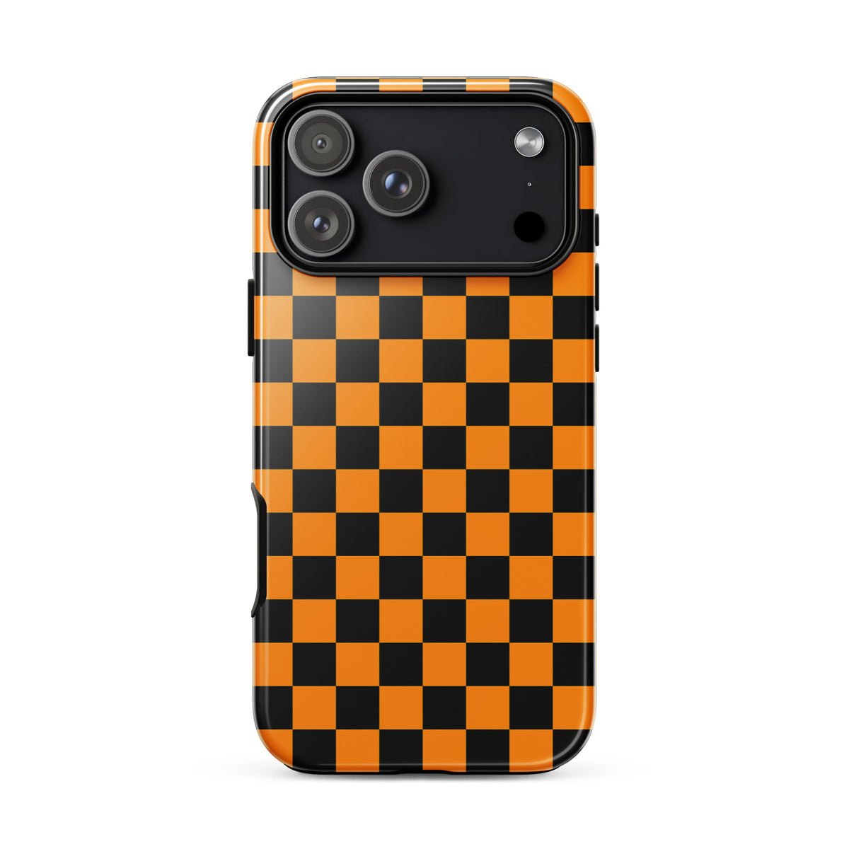Phone Case for iPhone with orange-black checkered design, combining retro fun with modern flair for a vibrant everyday look.
