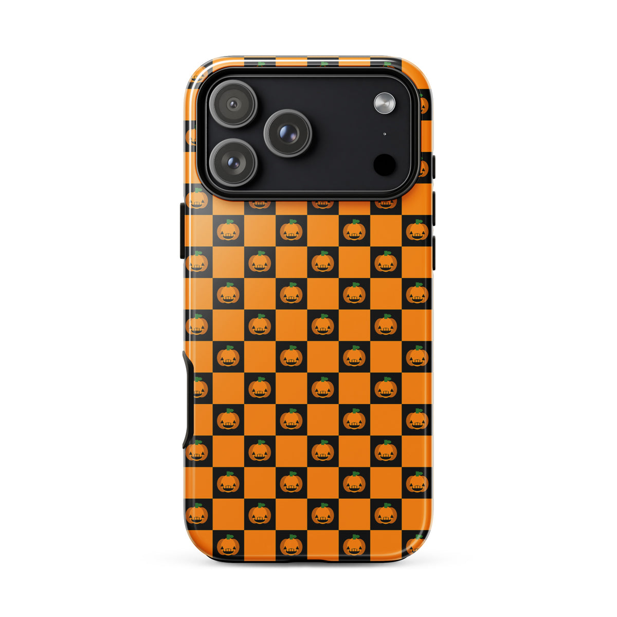 Phone Case for iPhone with playful pumpkin checkered Halloween design featuring jack-o’-lanterns on orange and black squares.