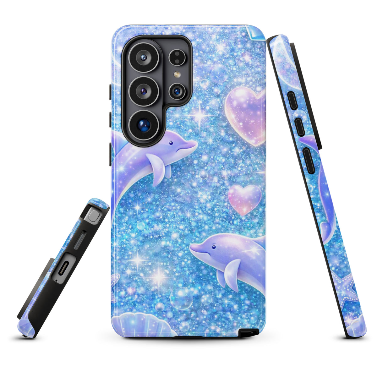 Phone Case for Samsung Galaxy with Ocean Glitter Dolphins design featuring sparkly glitter, dolphins, pastel moons, and celestial accents.