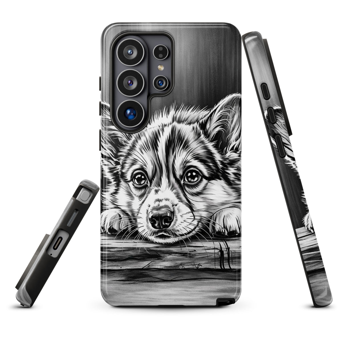 Phone Case for Samsung Galaxy with elegant black-and-white puppy art design for premium protection.