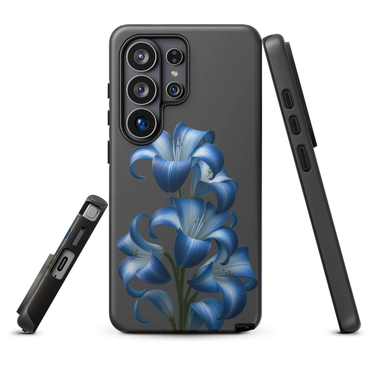 Phone Case for Samsung Galaxy featuring blue lily bloom art with dual-layer protection and stylish floral design.