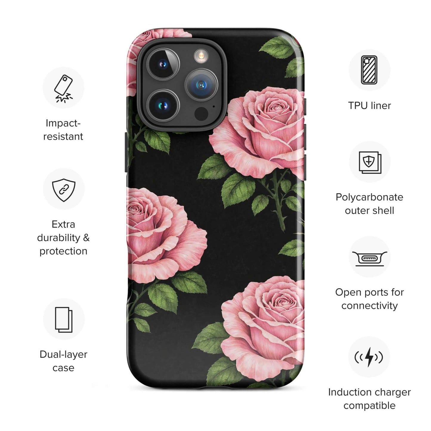 Phone Case for iPhone with pink rose pattern, black background, dual-layer protection, impact-resistant, compatible with induction charging.