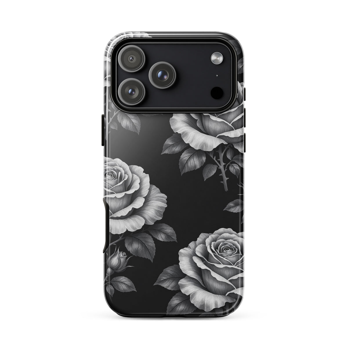 Phone Case for iPhone with rose garden design on black background, featuring pencil‑stencil style roses and lush leaves for a floral charm.