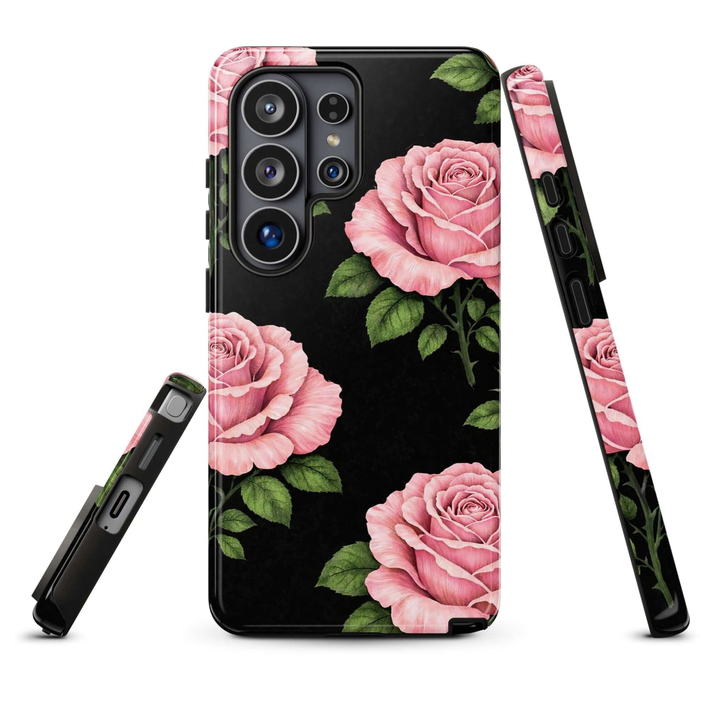 Phone Case for Samsung Galaxy featuring pink rose garden design with pink roses on a black background, showcasing floral elegance.