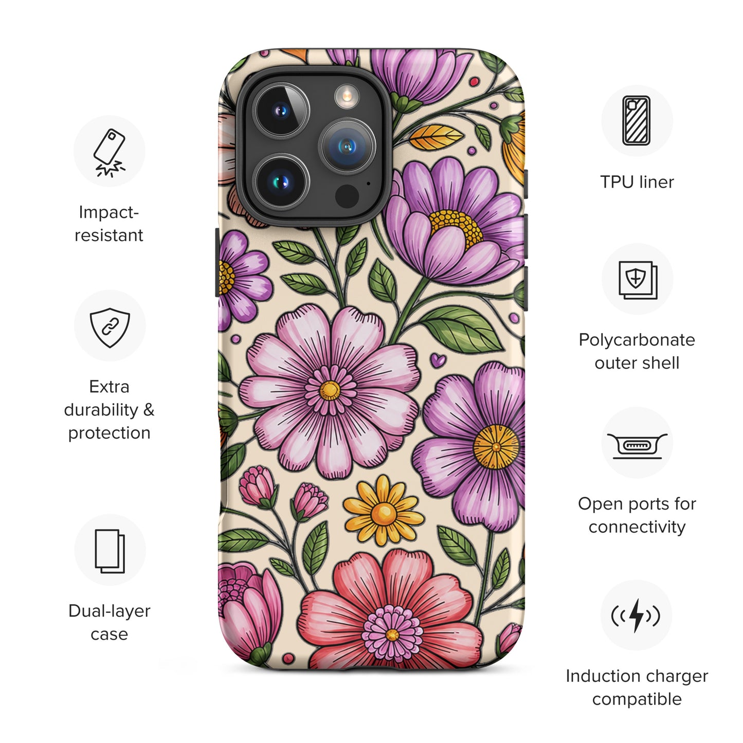 Phone Case for iPhone with pastel floral design, featuring pink and purple flowers, and protective dual-layer construction.