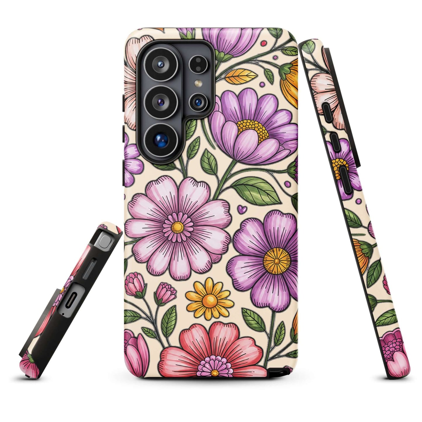 Phone Case for Samsung Galaxy with pastel floral design in soft pinks, peaches, and lavenders, featuring a dual‑layer construction.