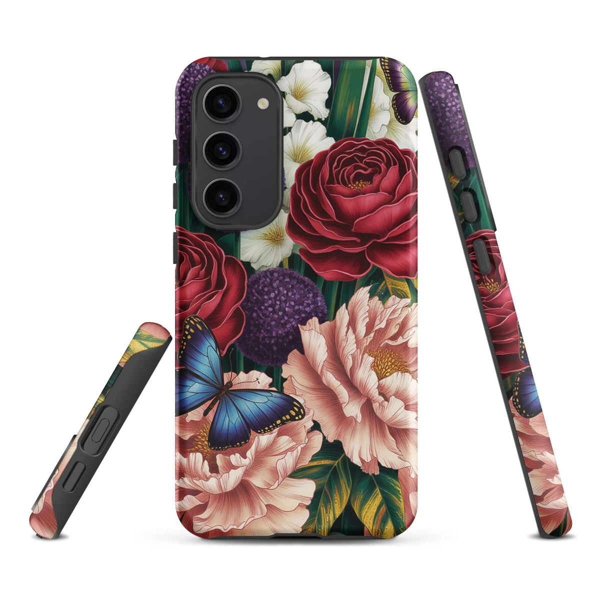 Phone Case for Samsung Galaxy with botanical garden blooms of roses, peonies, and butterflies design.