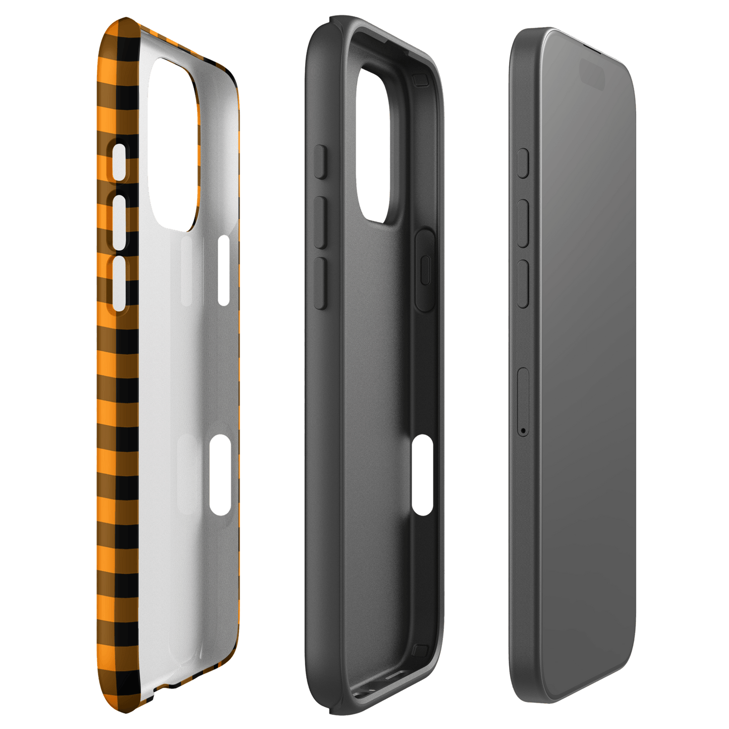 phone case with black-and-orange gingham autumn theme for iPhone, showcasing stylish design and durability.