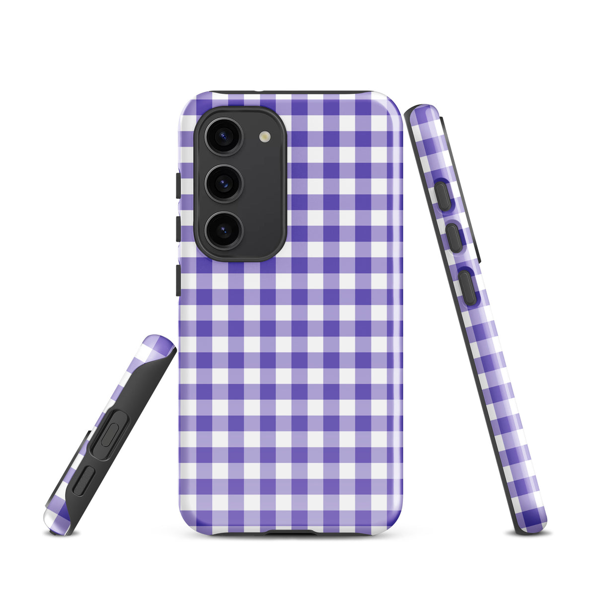 Phone case for Samsung Galaxy with purple and white gingham pattern, stylish and durable design.