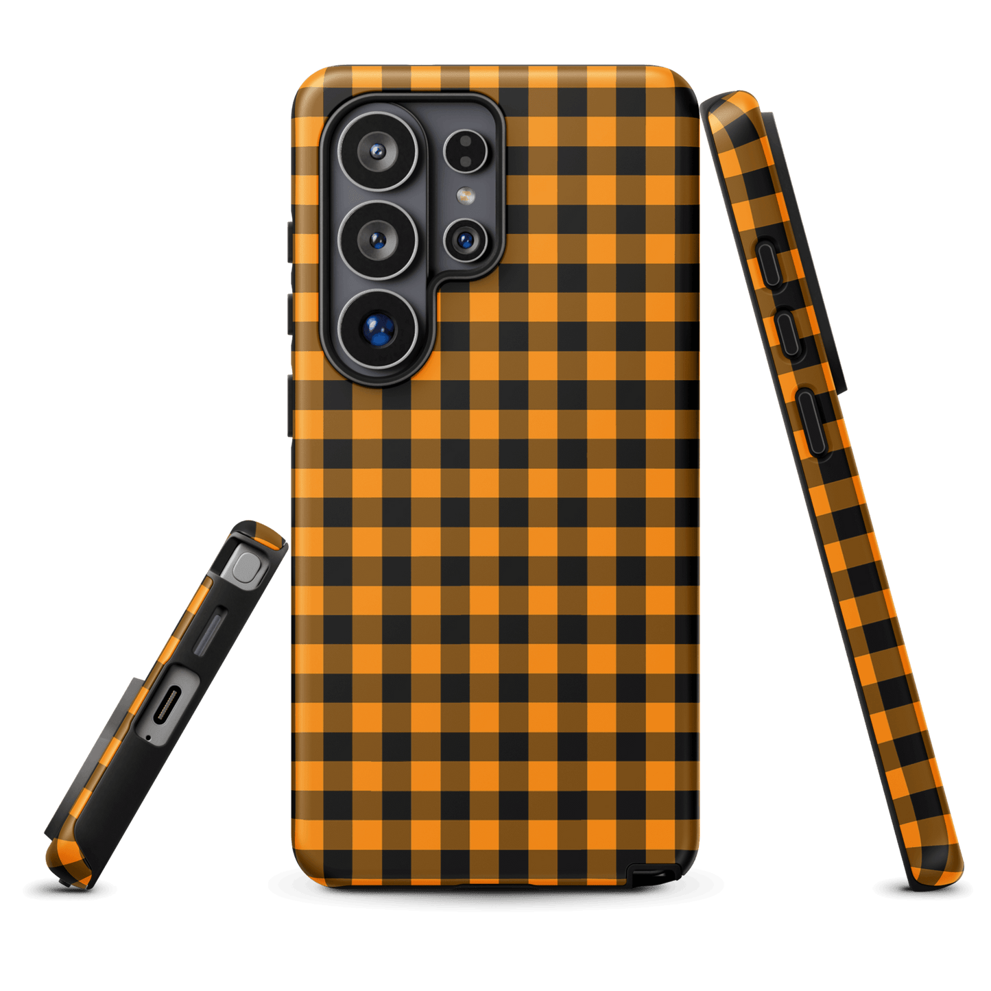 phone case for Samsung Galaxy with black-and-orange gingham Autum theme, stylish and durable design