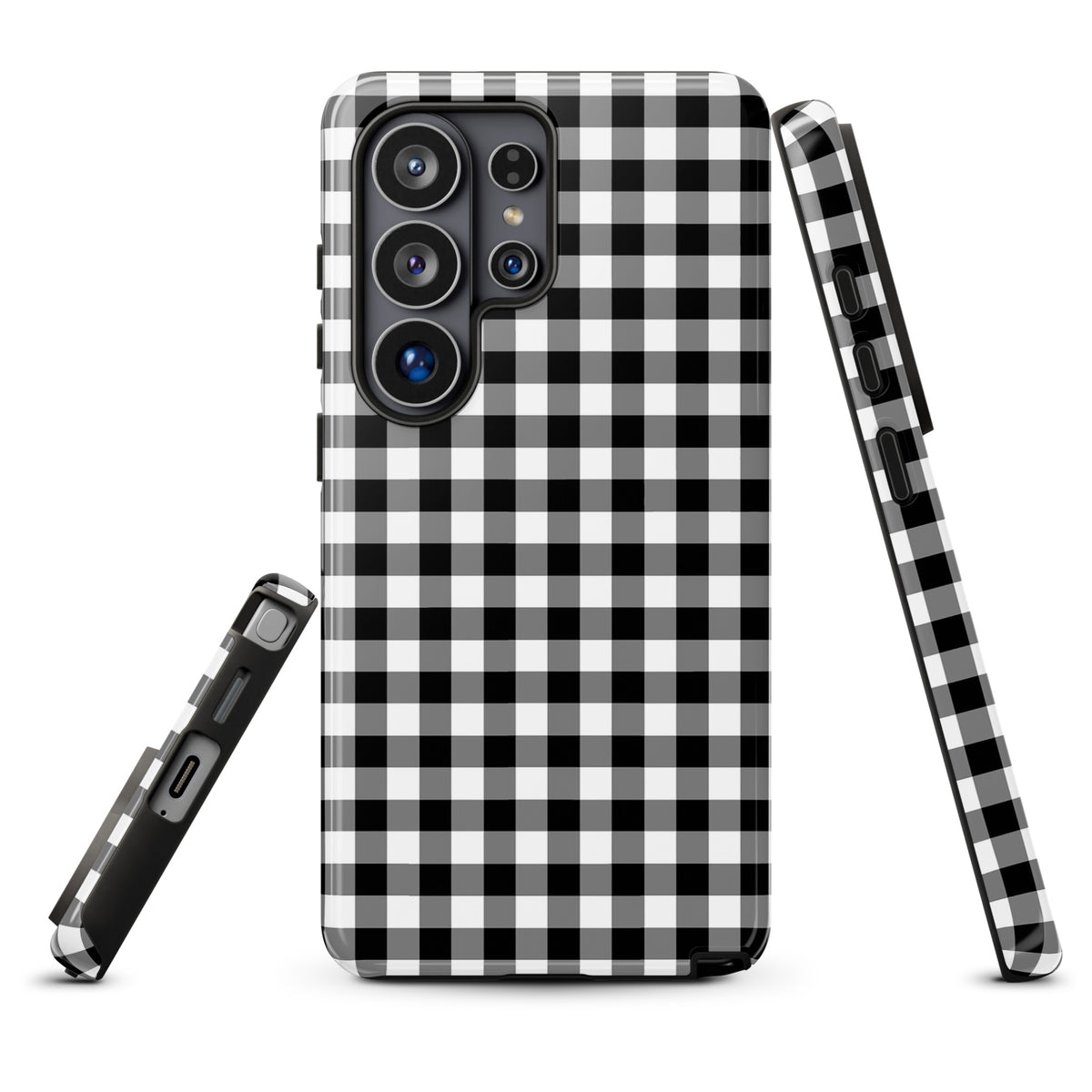 Phone Case for Samsung Galaxy with black and white gingham pattern, stylish protection accessory, durable and chic design.