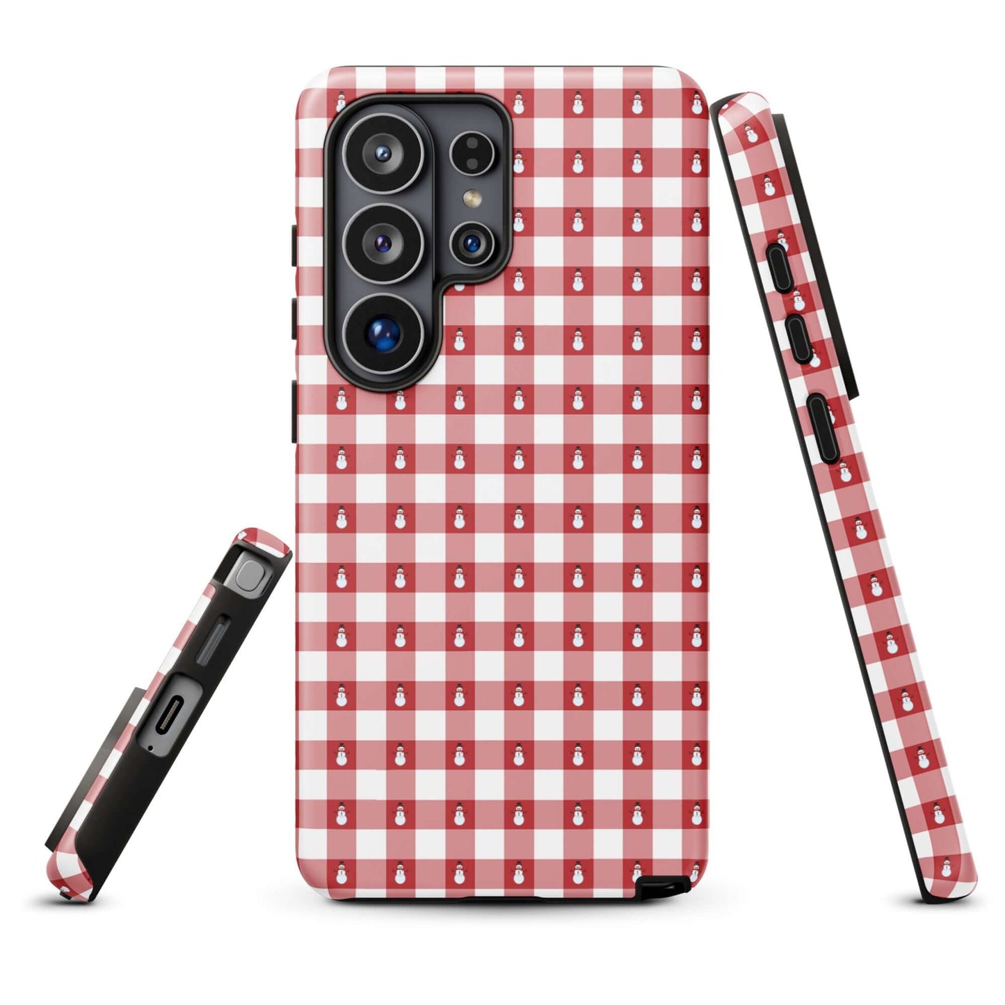 Phone Case for Samsung Galaxy with snowman gingham winter design, red-and-white pattern, combining festive charm and durable protection.