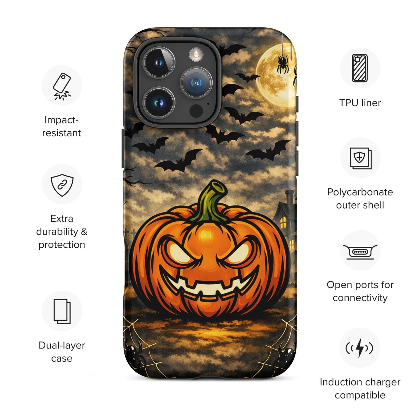 Phone Case for iPhone with Halloween design featuring haunted pumpkin, bats, and moonlit clouds, ideal for Halloween season.